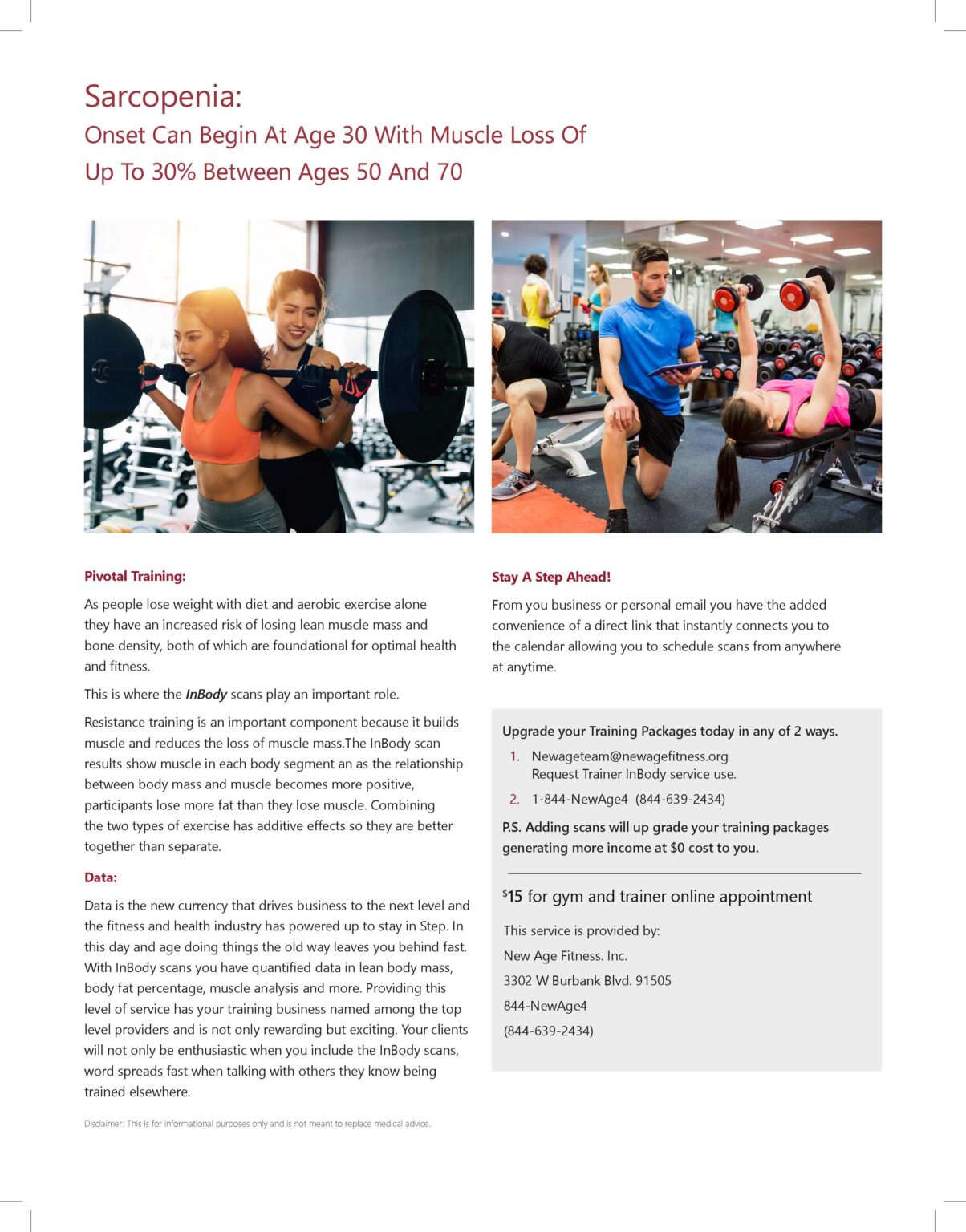 Editorial-style healthcare marketing flyer featuring structured typography, fitness imagery, educational content, and multi-column print layout design.